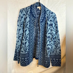 Womens Appleseed’s Flowered Blue Zip Up sweater Jacket Size Large Casual Work